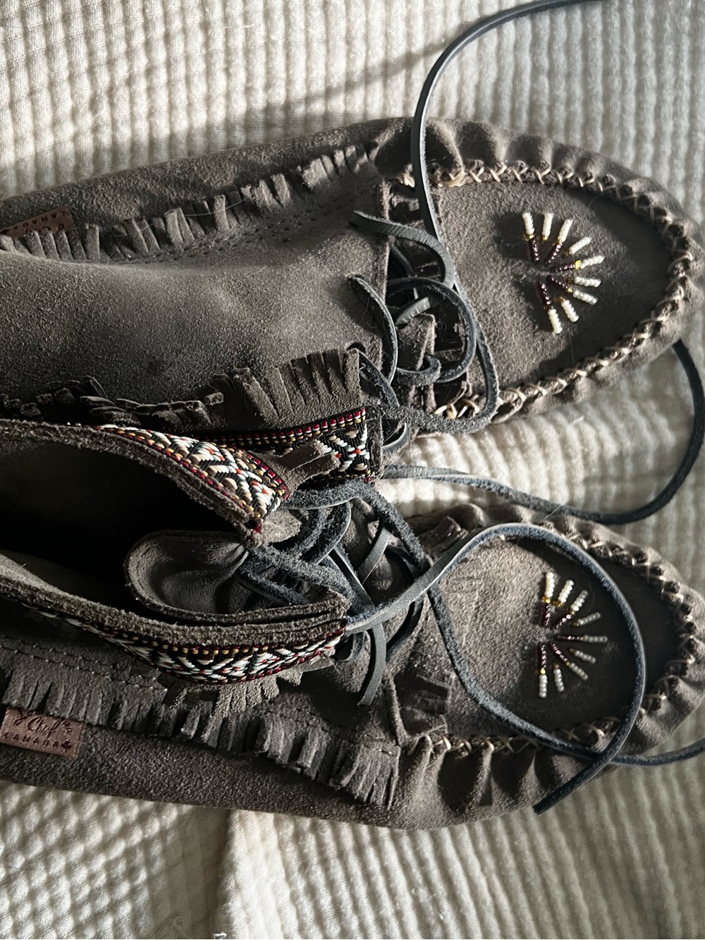 Women’s Suede Fringe Lace-Up Moccasins in Charcoal Gray